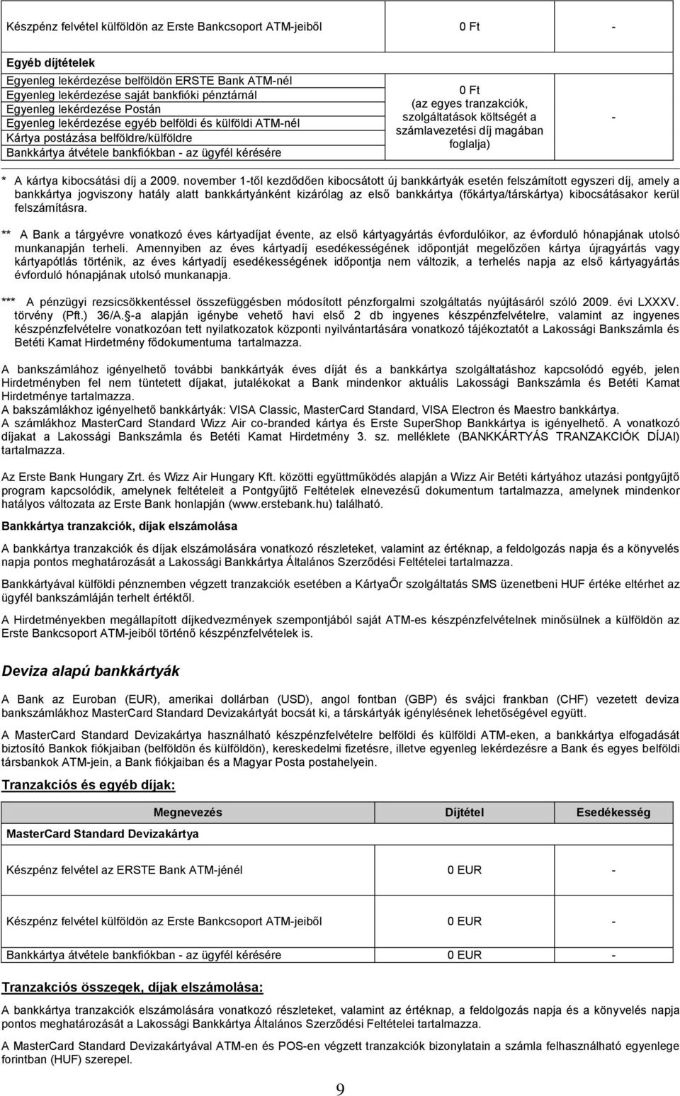 költségét a számlavezetési díj magában foglalja) - * A kártya kibocsátási díj a 2009.