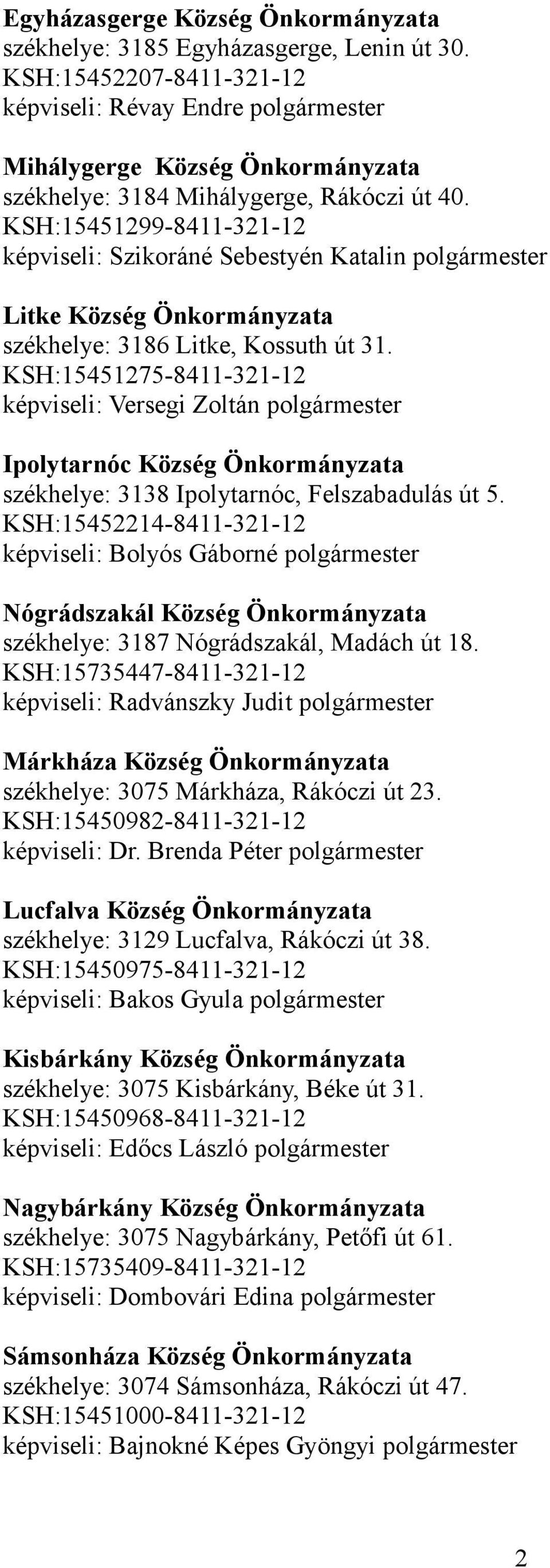 KSH:15451299-8411-321-12 képviseli: Szikoráné Sebestyén Katalin polgármester Litke Község Önkormányzata székhelye: 3186 Litke, Kossuth út 31.