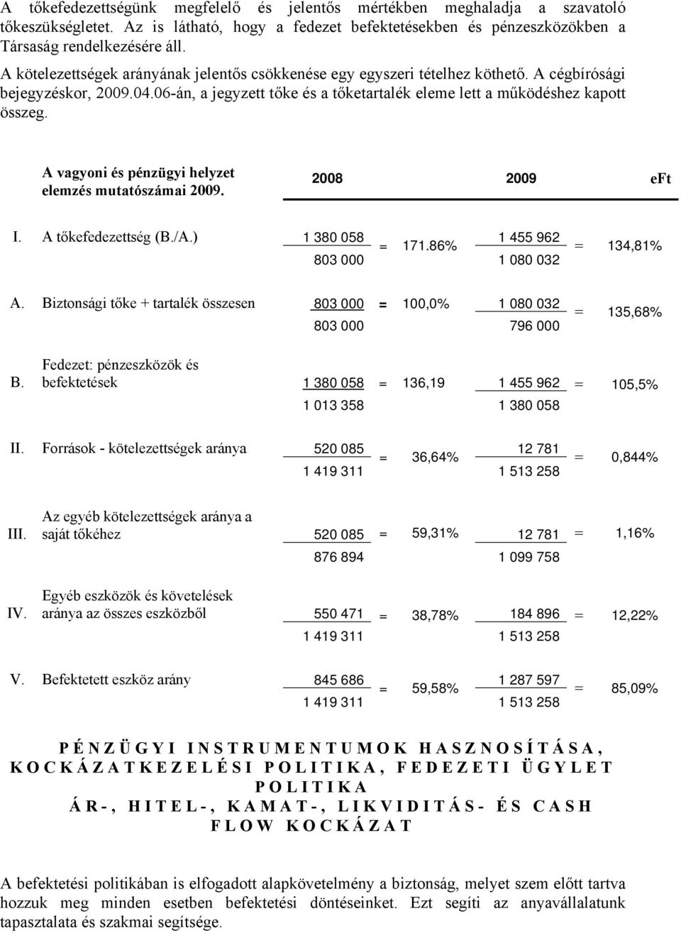 A vagyoni és pénzügyi helyzet elemzés mutatószámai 2009. 2008 2009 eft I. A tőkefedezettség (B./A.) 1 380 058 = 171.86% 1 455 962 803 000 1 080 032 = 134,81% A.