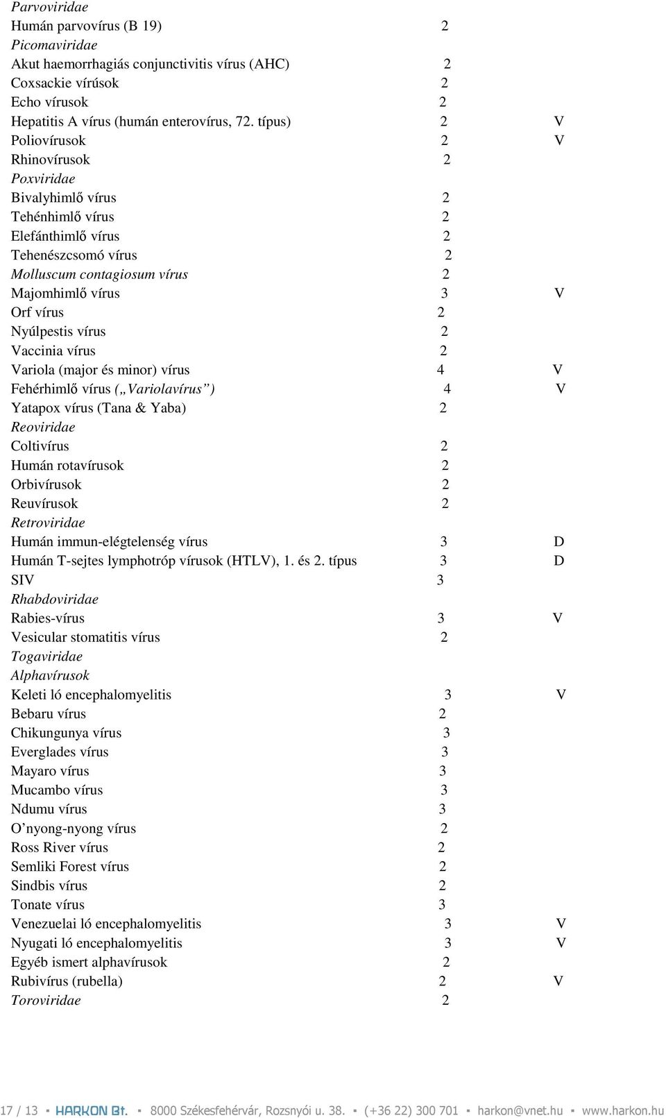 Nyúlpestis vírus 2 Vaccinia vírus 2 Variola (major és minor) vírus 4 V Fehérhimlı vírus ( Variolavírus ) 4 V Yatapox vírus (Tana & Yaba) 2 Reoviridae Coltivírus 2 Humán rotavírusok 2 Orbivírusok 2
