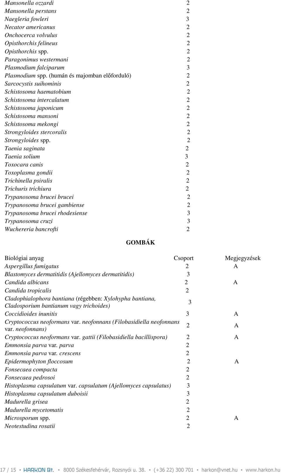 (humán és majomban elıforduló) 2 Sarcocystis suihominis 2 Schistosoma haematobium 2 Schistosoma intercalatum 2 Schistosoma japonicum 2 Schistosoma mansoni 2 Schistosoma mekongi 2 Strongyloides