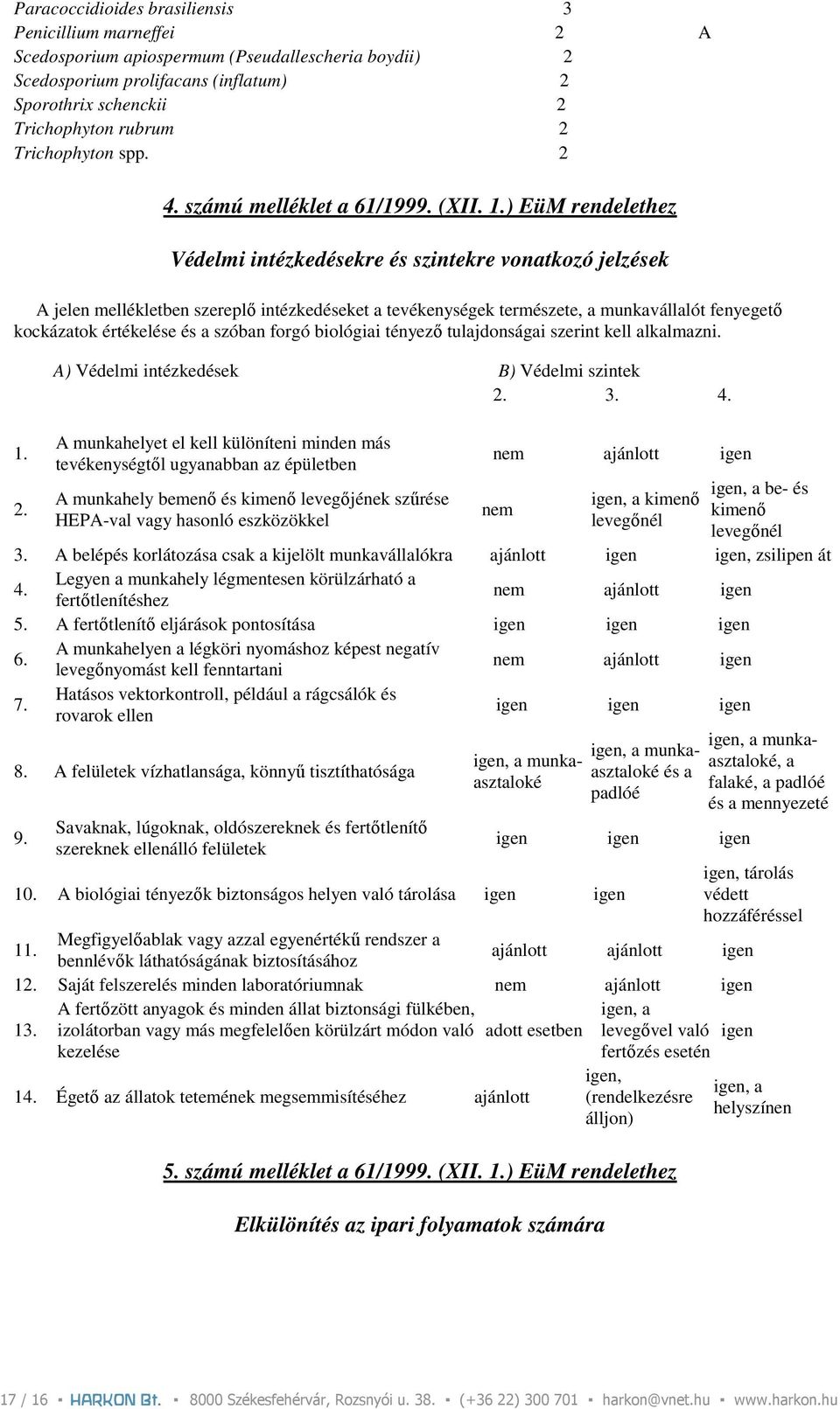 ) EüM rendelethez Védelmi intézkedésekre és szintekre vonatkozó jelzések A jelen mellékletben szereplı intézkedéseket a tevékenységek természete, a munkavállalót fenyegetı kockázatok értékelése és a