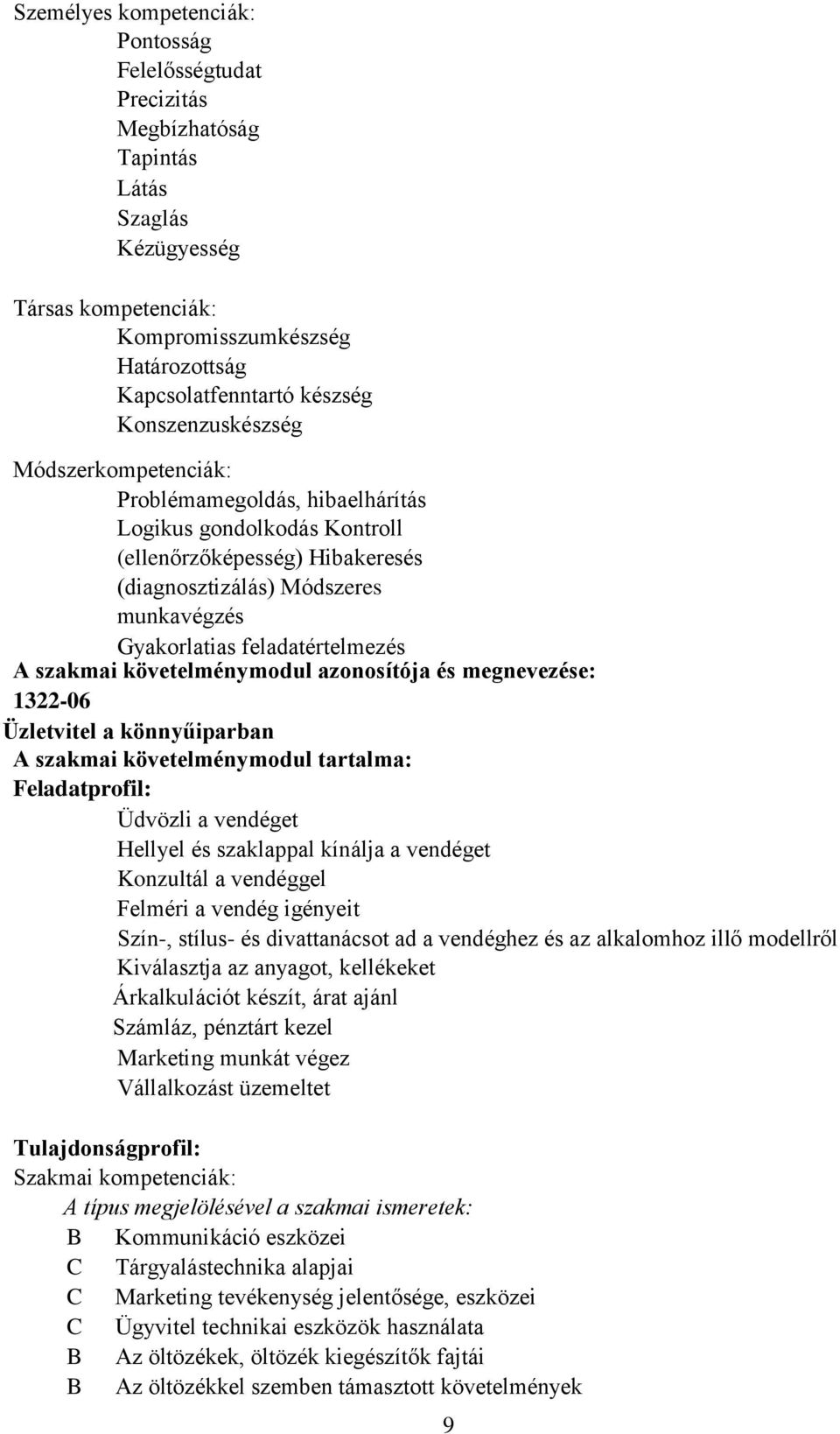 követelménymodul azonosítója és megnevezése: 1322-6 Üzletvitel a könnyűiparban A szakmai követelménymodul tartalma: Feladatprofil: Üdvözli a vendéget Hellyel és szaklappal kínálja a vendéget