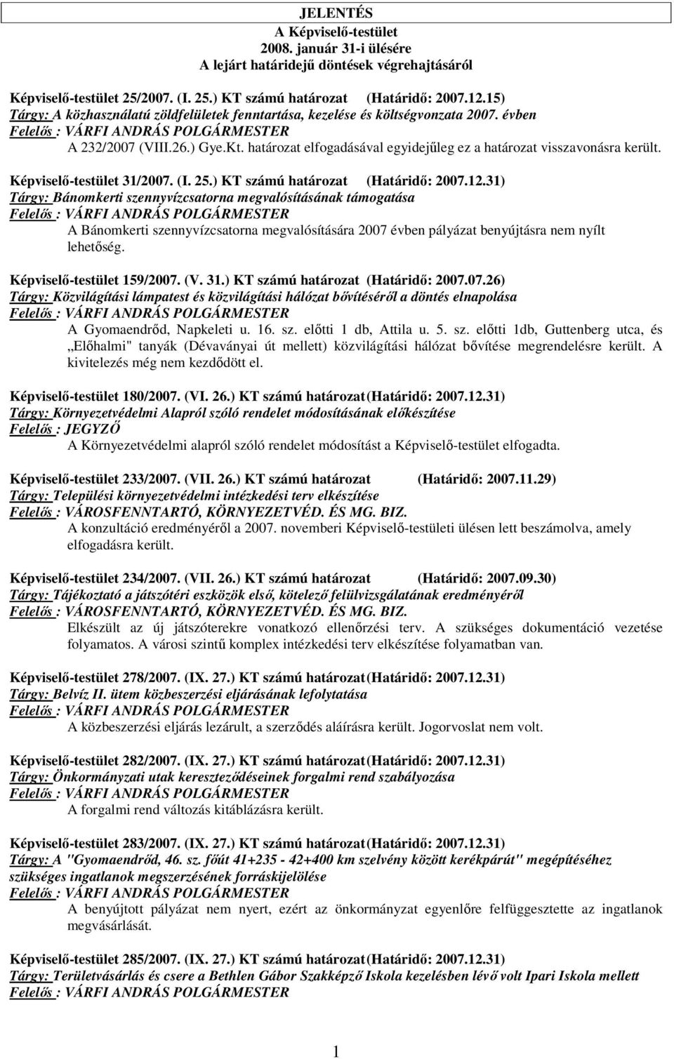 határozat elfogadásával egyidejűleg ez a határozat visszavonásra került. Képviselő-testület 31/2007. (I. 25.) KT számú határozat (Határidő: 2007.12.