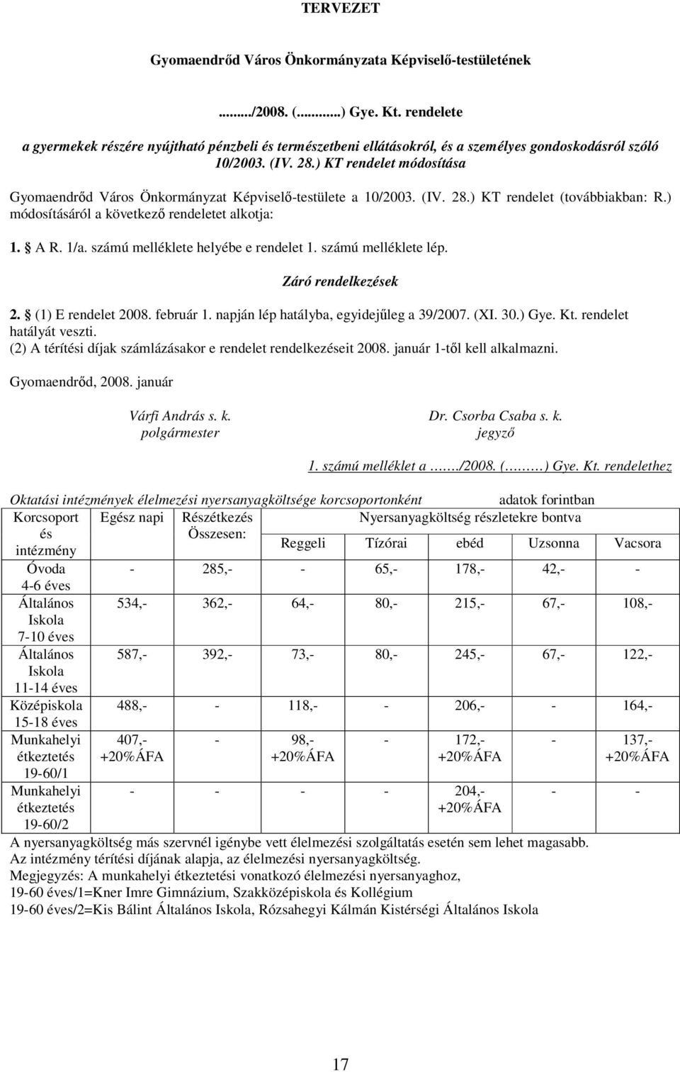 ) KT rendelet módosítása Gyomaendrőd Város Önkormányzat Képviselő-testülete a 10/2003. (IV. 28.) KT rendelet (továbbiakban: R.) módosításáról a következő rendeletet alkotja: 1. A R. 1/a.