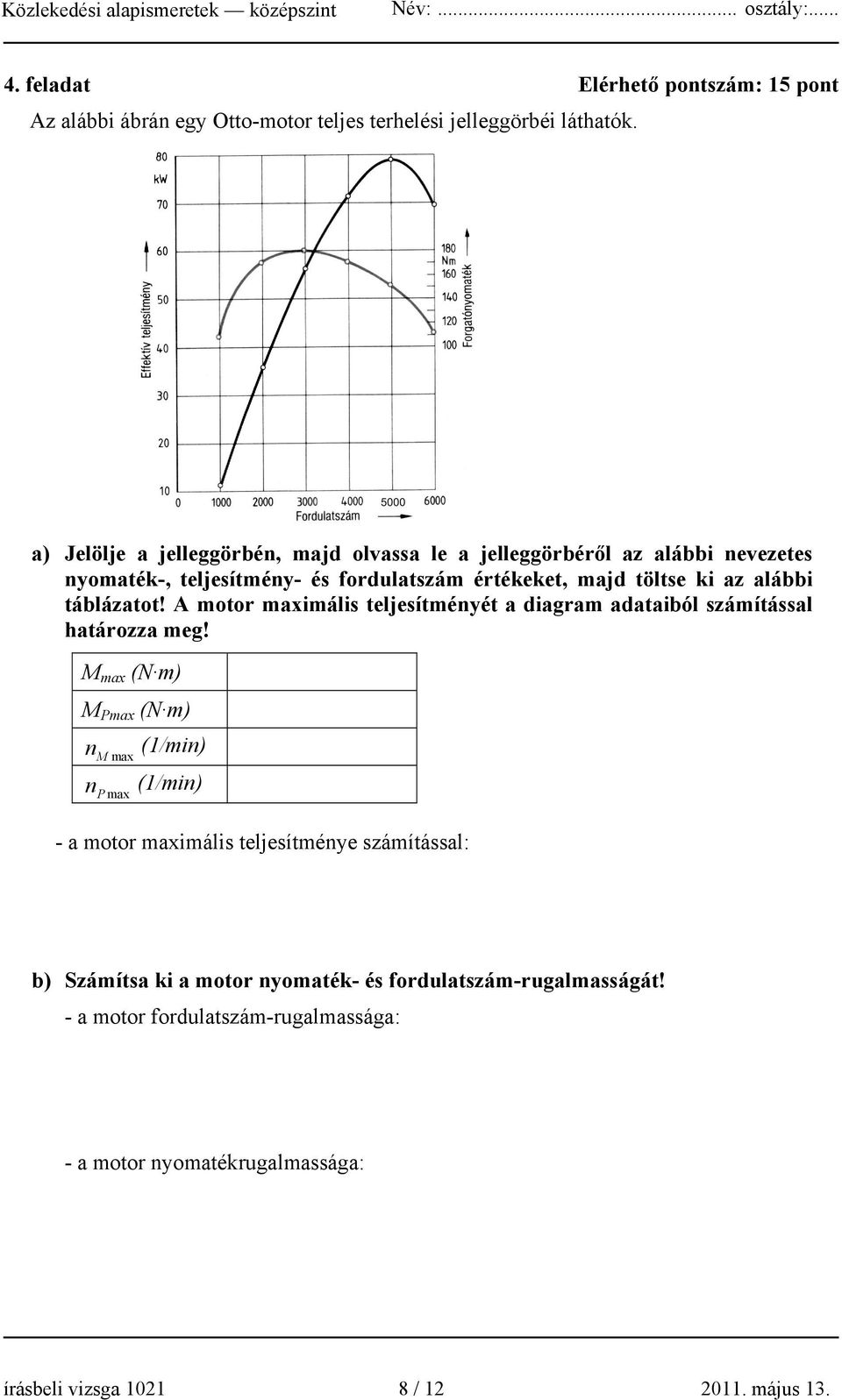 táblázatot! A motor maximális teljesítményét a diagram adataiból számítással határozza meg!