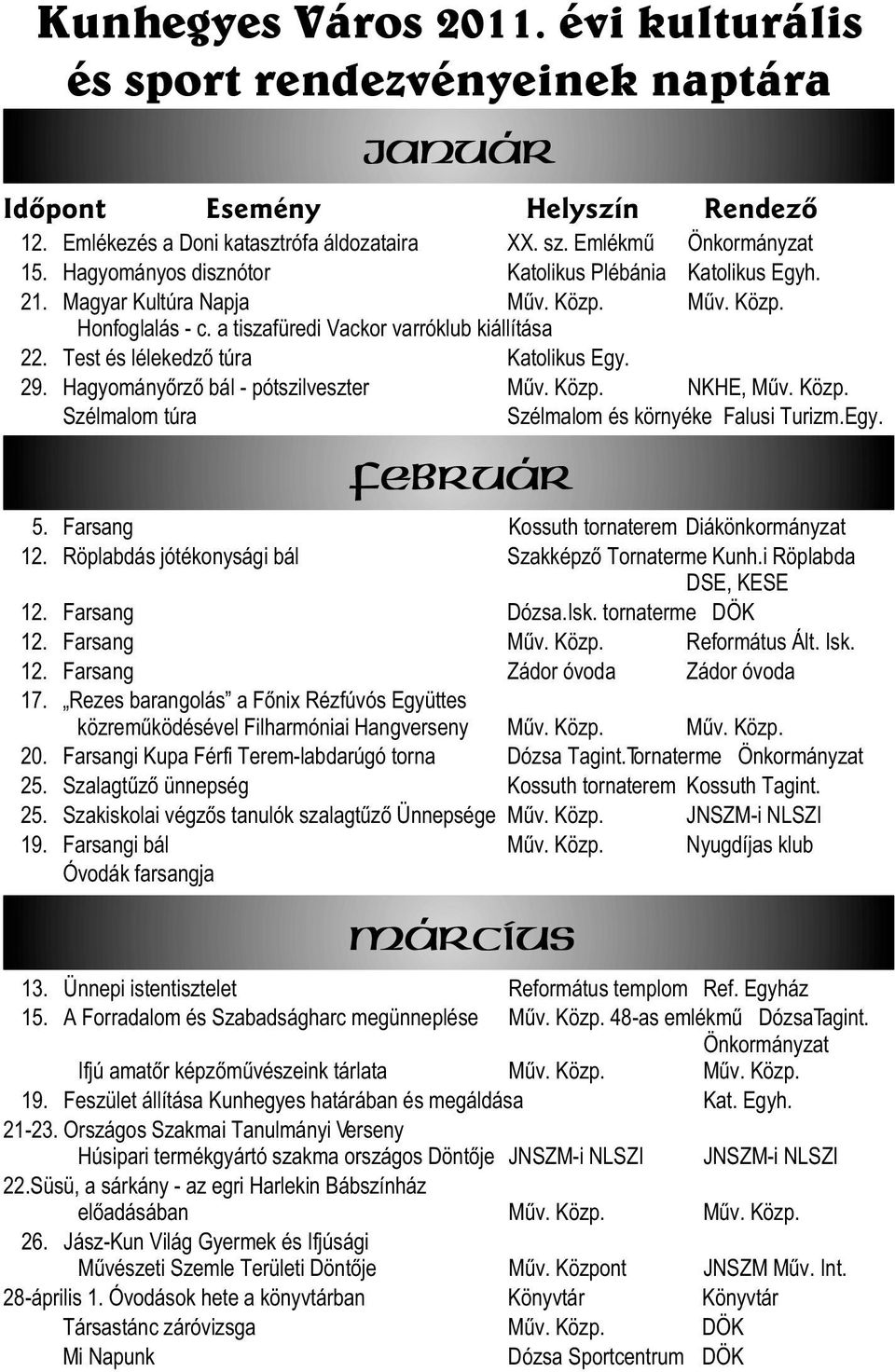 Test és lélekedzõ túra Katolikus Egy. 29. Hagyományõrzõ bál - pótszilveszter Mûv. Közp. NKHE, Mûv. Közp. Szélmalom túra Szélmalom és környéke Falusi Turizm.Egy. Február 5.