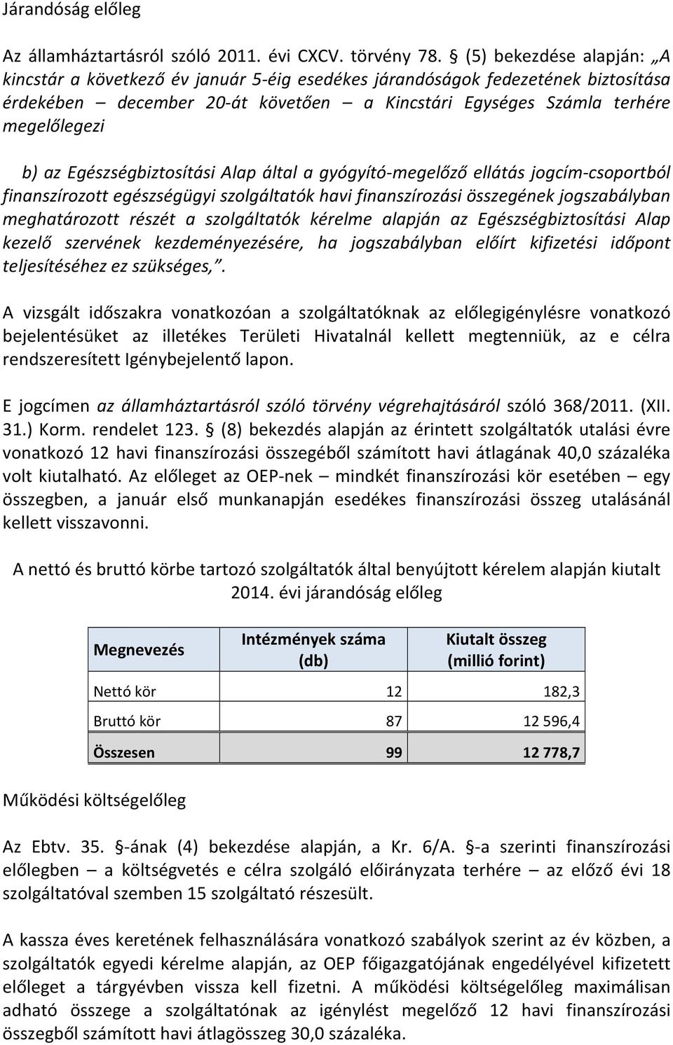 Egészségbiztosítási Alap által a gyógyító-megelőző ellátás jogcím-csoportból finanszírozott egészségügyi szolgáltatók havi finanszírozási összegének jogszabályban meghatározott részét a szolgáltatók