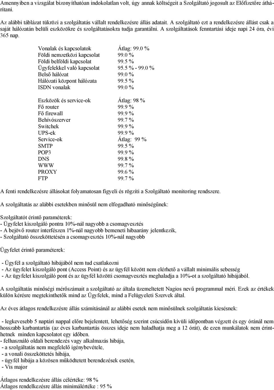 A szolgáltatások fenntartási ideje napi 24 óra, évi 365 nap. Vonalak és kapcsolatok Átlag: 99.0 % Földi nemzetközi kapcsolat 99.0 % Földi belföldi kapcsolat 99.5 % Ügyfelekkel való kapcsolat 95.