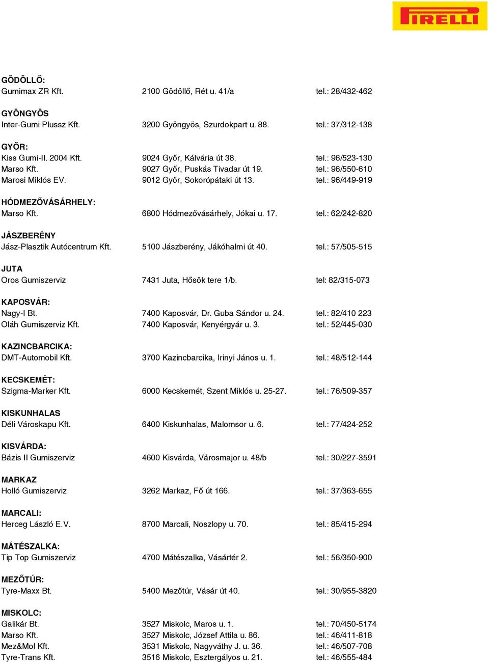 marosigumi.hu Hódmezővásárhely: Marso Kft. 6800 Hódmezővásárhely, Jókai u. 17. tel.: 62/242-820 www.marso.hu Jászberény Jász-Plasztik Autócentrum Kft. 5100 Jászberény, Jákóhalmi út 40. tel.: 57/505-515 juta Oros Gumiszerviz 7431 Juta, Hősök tere 1/b.