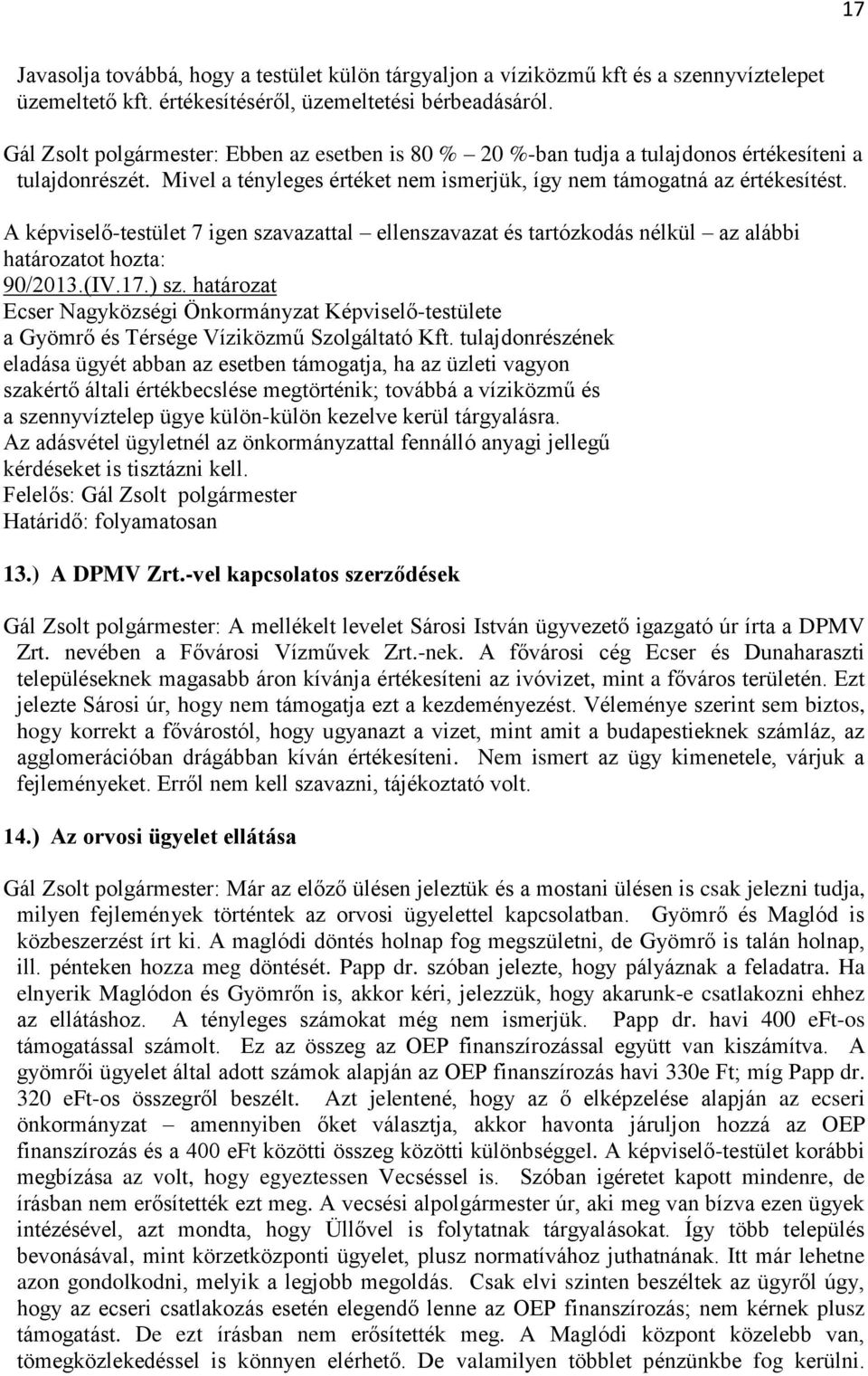 ) sz. határozat a Gyömrő és Térsége Víziközmű Szolgáltató Kft.