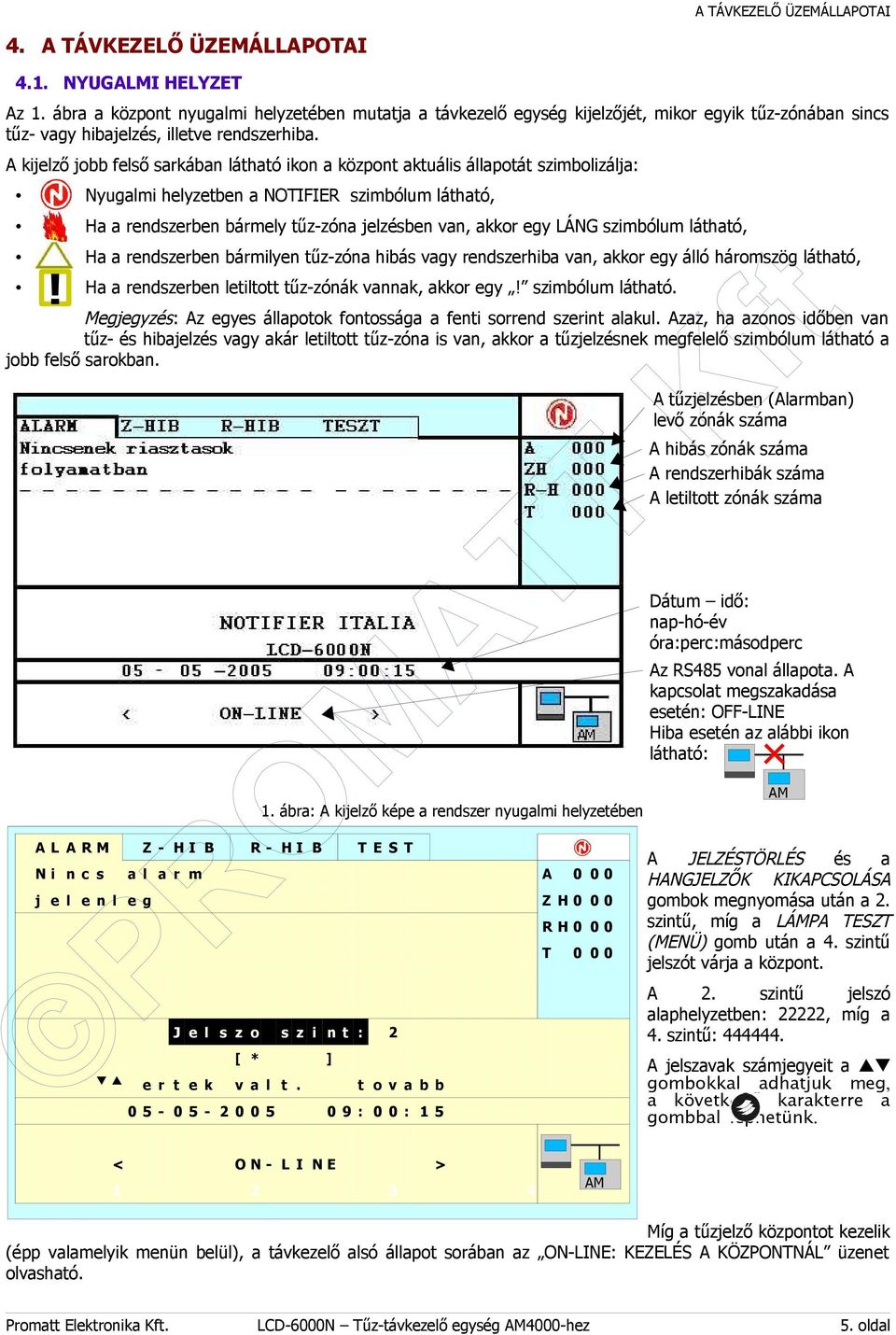 A kijelző jobb felső sarkában látható ikon a központ aktuális állapotát szimbolizálja: Nyugalmi helyzetben a NOTIFIER szimbólum látható, Ha a rendszerben bármely tűz-zóna jelzésben van, akkor egy