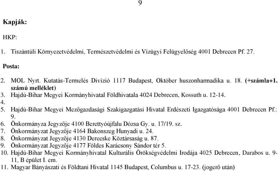 Hajdú-Bihar Megyei Mezőgazdasági Szakigazgatási Hivatal Erdészeti Igazgatósága 4001 Debrecen Pf.: 9. 6. Önkormányza Jegyzője 4100 Berettyóújfalu Dózsa Gy. u. 17/19. sz. 7.