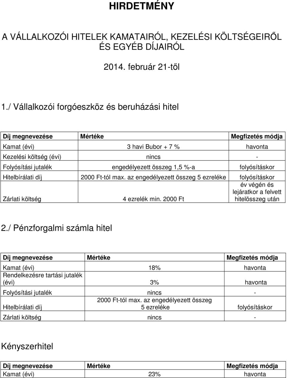 / Vállalkozói forgóeszköz és beruházási hitel Kamat (évi) 3 havi Bubor + 7 % havonta