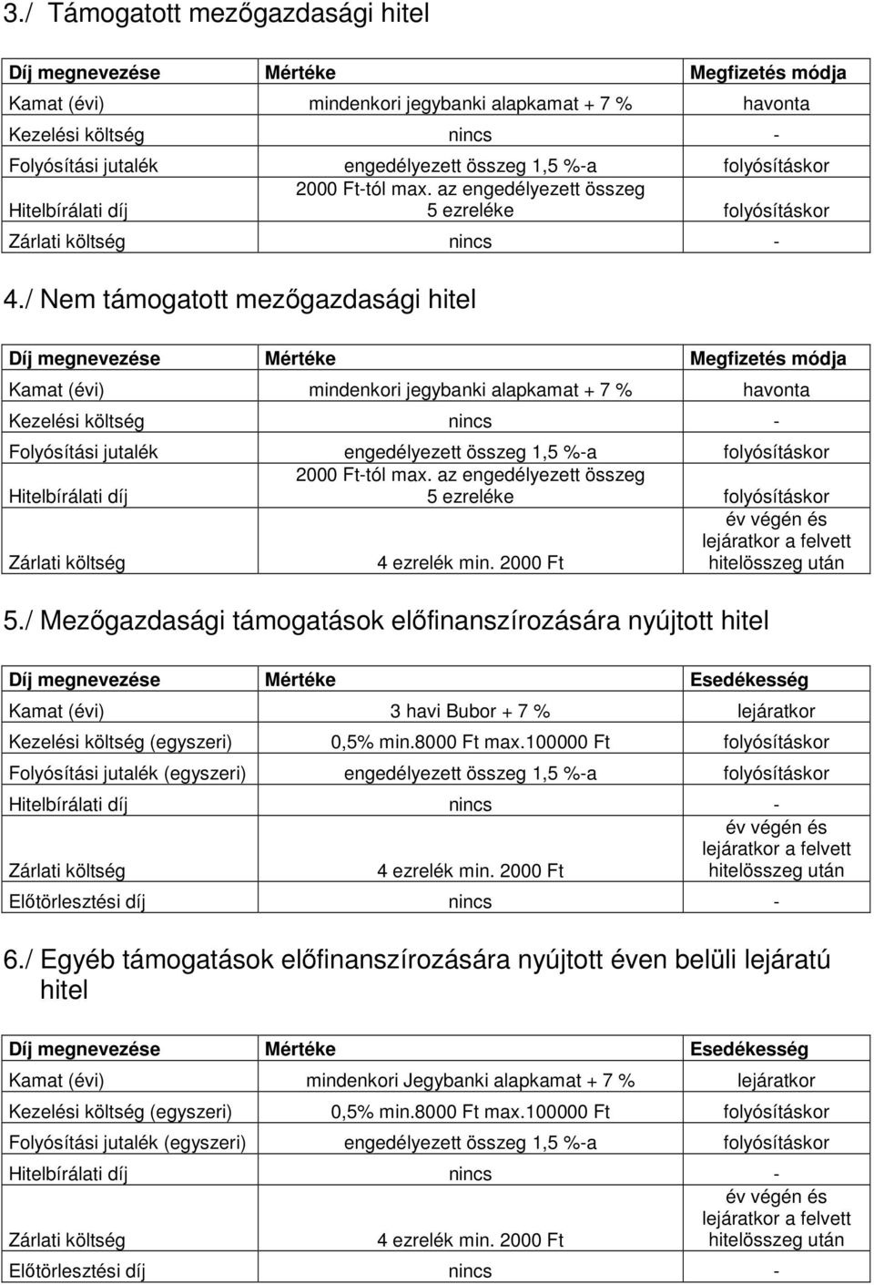 / Mezıgazdasági támogatások elıfinanszírozására nyújtott hitel Kamat (évi) 3 havi Bubor + 7 % lejáratkor Kezelési költség (egyszeri) 0,5% min.