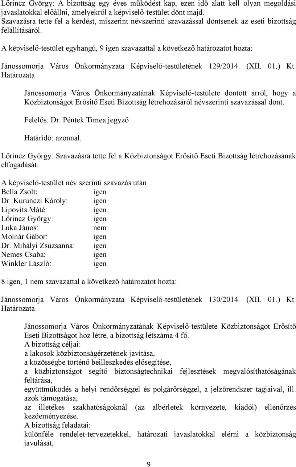 A képviselő-testület egyhangú, 9 igen szavazattal a következő határozatot hozta: Jánossomorja Város Önkormányzata Képviselő-testületének 129/2014. (XII. 01.) Kt.