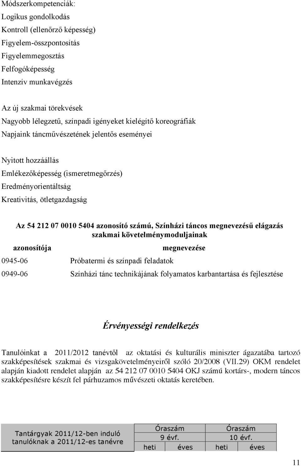 07 0010 5404 azonosító számú, Színházi táncos megnevezésű elágazás szakmai követelménymoduljainak azonosítója 0945-06 Próbatermi és színpadi feladatok megnevezése 0949-06 Színházi tánc technikájának