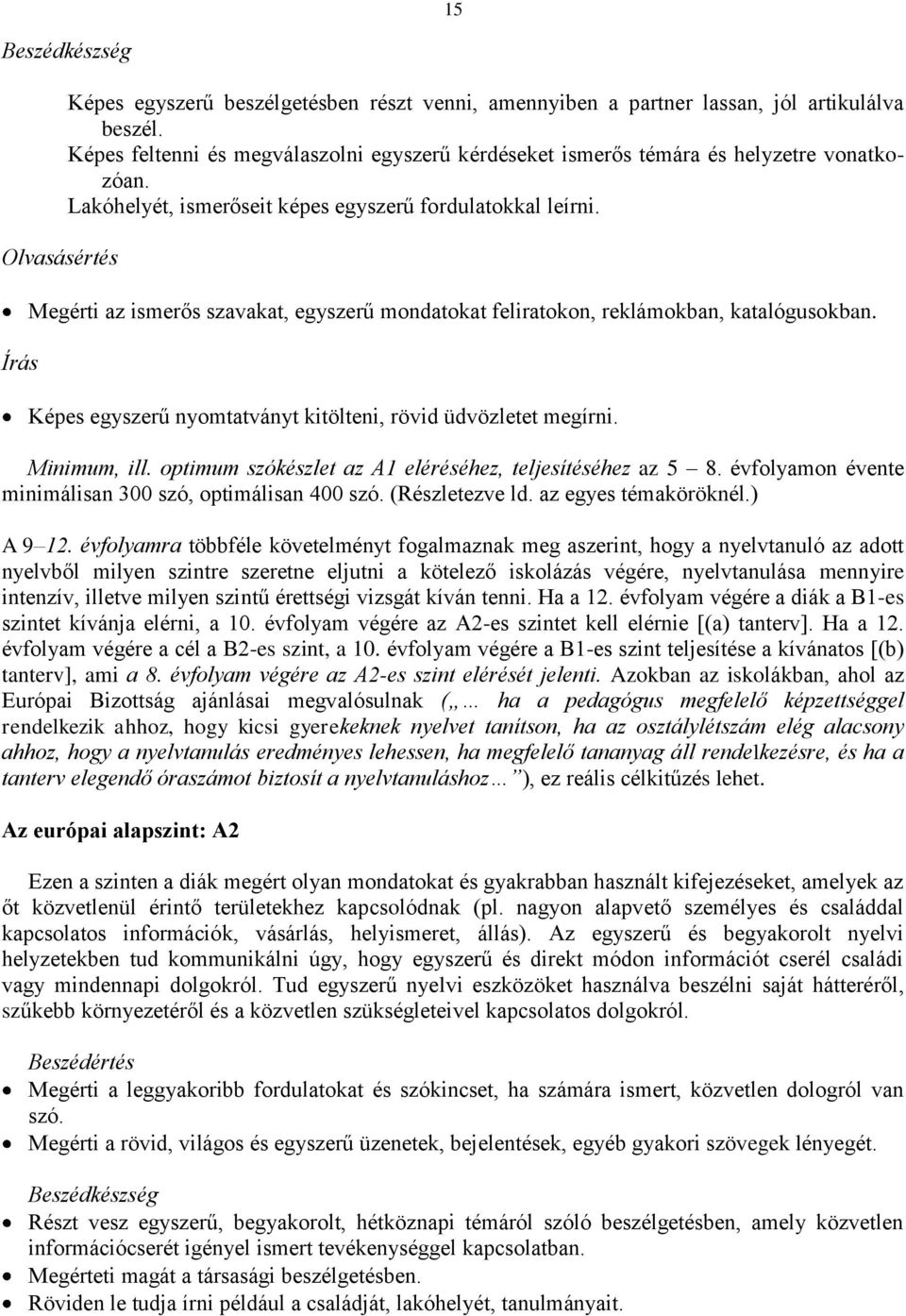 Megérti az ismerős szavakat, egyszerű mondatokat feliratokon, reklámokban, katalógusokban. Képes egyszerű nyomtatványt kitölteni, rövid üdvözletet megírni. Minimum, ill.