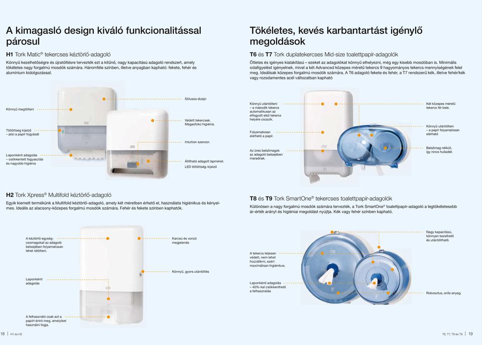 Tökéletes, kevés karbantartást igénylő megoldások T6 és T7 Tork duplatekercses Mid-size toalettpapír-adagolók Ötletes és igényes kialakítású ezeket az adagolókat könnyű elhelyezni, még egy kisebb