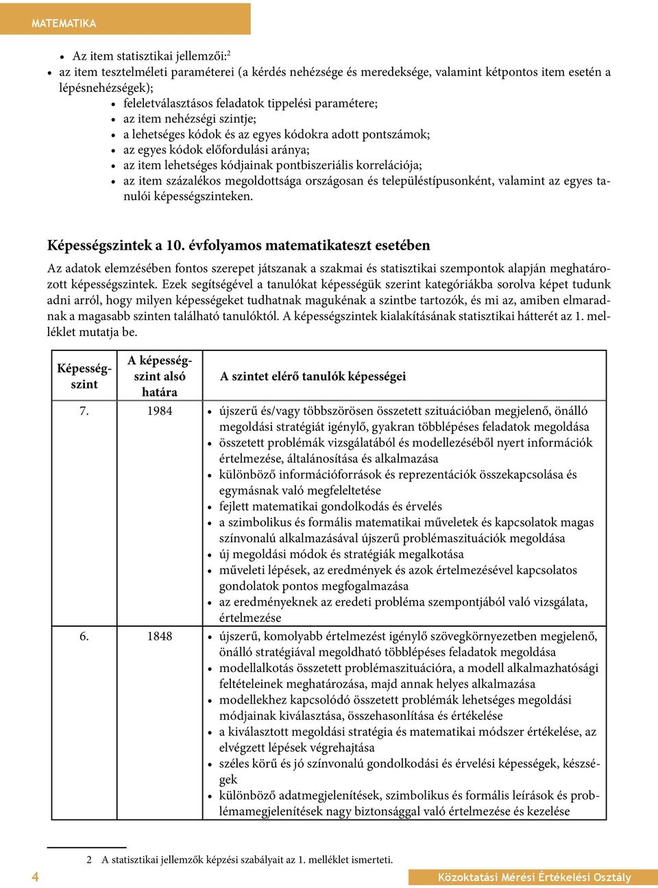 korrelációja; az item százalékos megoldottsága országosan és településtípusonként, valamint az egyes tanulói képességszinteken. képességszintek a 1.