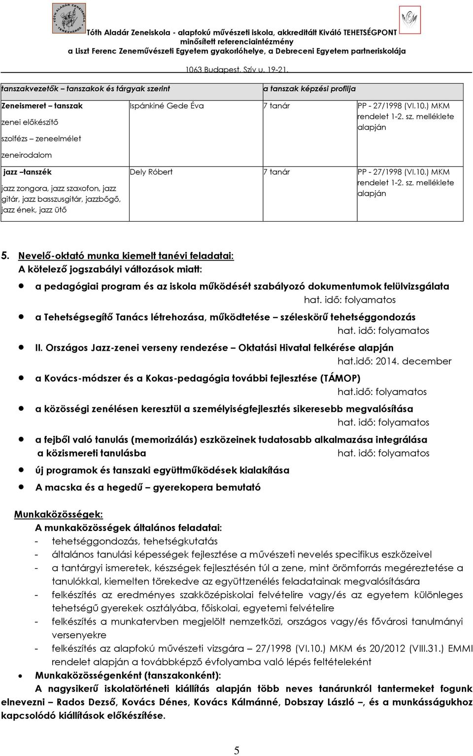 lfézs zeneelmélet Ispánkiné Gede Éva 7 tanár PP - 27/1998 (VI.10.) MKM rendelet 1-2. sz.