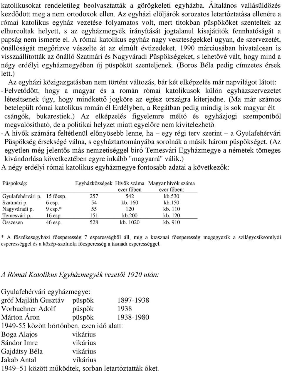 jogtalanul kisajátítók fennhatóságát a papság nem ismerte el. A római katolikus egyház nagy veszteségekkel ugyan, de szervezetét, önállóságát megőrizve vészelte át az elmúlt évtizedeket.