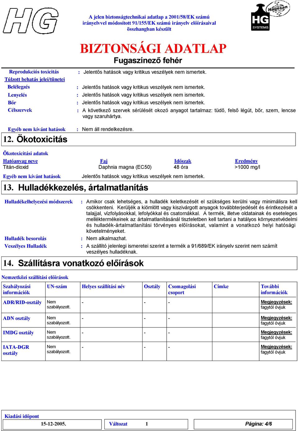 Ökotoxicitási adatok Faj Időszak Eredmény Titán-dioxid Daphnia magna (EC50) 48 óra >1000 mg/l Egyéb nem kívánt hatások 13.