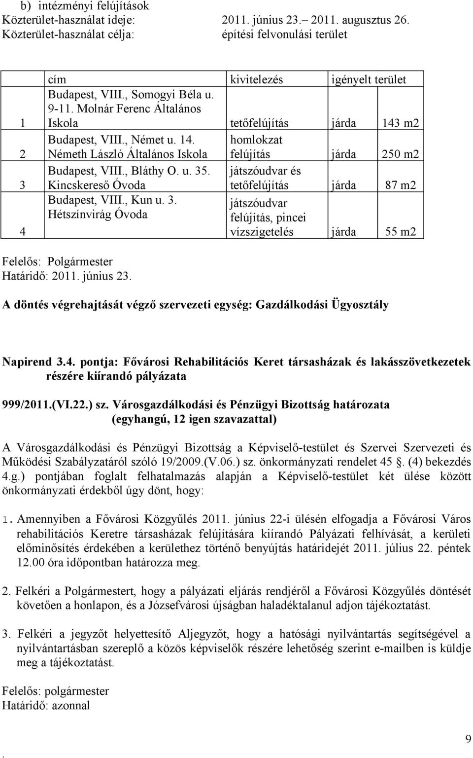 Óvoda tetőfelújítás járda 87 m2 Budapest, VIII, Kun u 3 játszóudvar Hétszínvirág Óvoda felújítás, pincei vízszigetelés járda 55 m2 Felelős: Polgármester Határidő: 2011 június 23 Napirend 34 pontja: