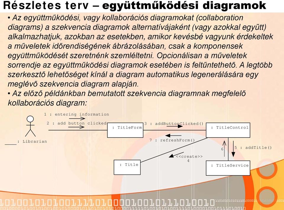 Opcionálisan a műveletek sorrendje az együttműködési diagramok esetében is feltűntethető.