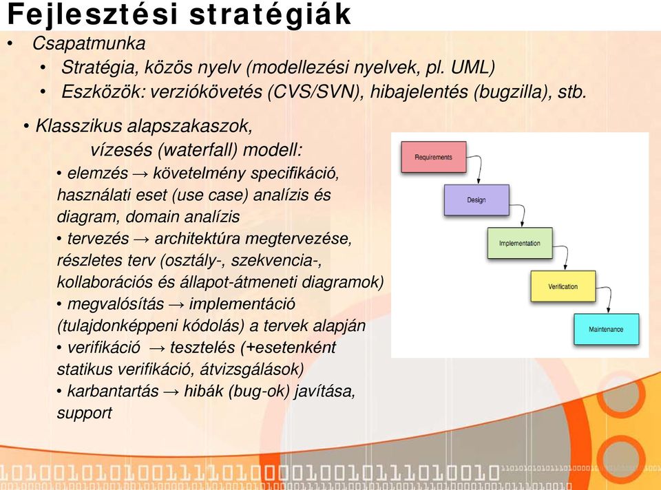 tervezés architektúra megtervezése, részletes terv (osztály-, szekvencia-, kollaborációs és állapot-átmeneti diagramok) megvalósítás implementáció