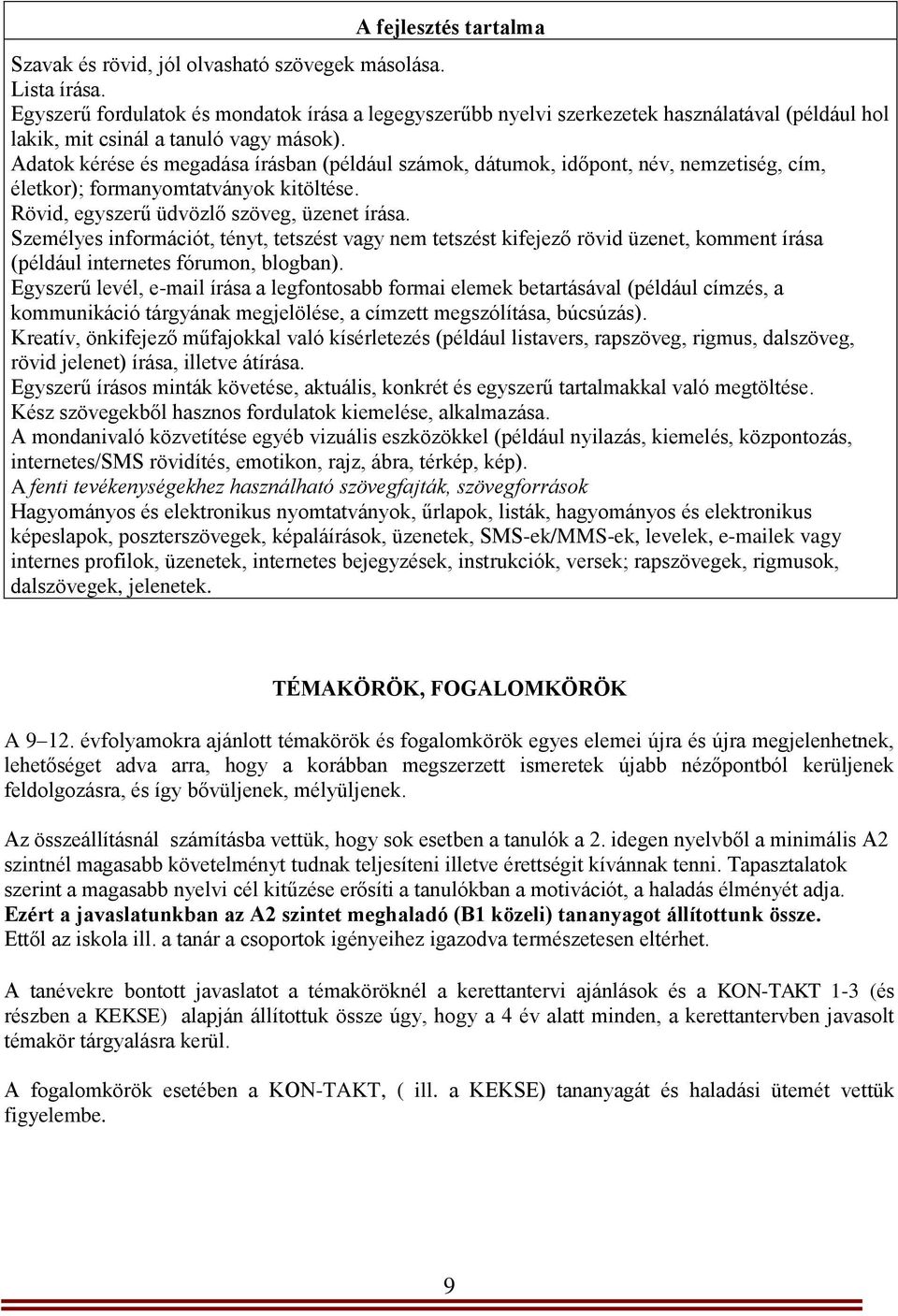 Adatok kérése és megadása írásban (például számok, dátumok, időpont, név, nemzetiség, cím, életkor); formanyomtatványok kitöltése. Rövid, egyszerű üdvözlő szöveg, üzenet írása.