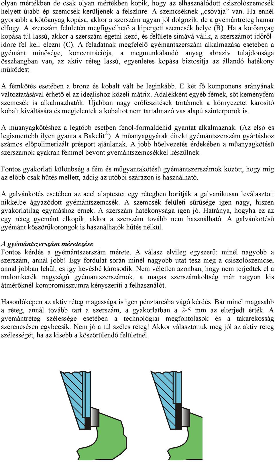 Ha a kötőanyag kopása túl lassú, akkor a szerszám égetni kezd, és felülete simává válik, a szerszámot időrőlidőre fel kell élezni (C).