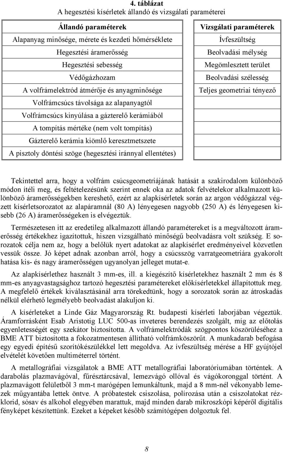 keresztmetszete A pisztoly döntési szöge (hegesztési iránnyal ellentétes) Vizsgálati paraméterek Ívfeszültség Beolvadási mélység Megömlesztett terület Beolvadási szélesség Teljes geometriai tényező