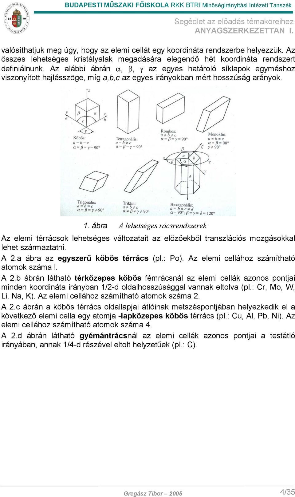 ábra A lehetséges rácsrendszerek Az elemi térrácsok lehetséges változatait az előzőekből transzlációs mozgásokkal lehet származtatni. A 2.a ábra az egyszerű köbös térrács (pl.: Po).