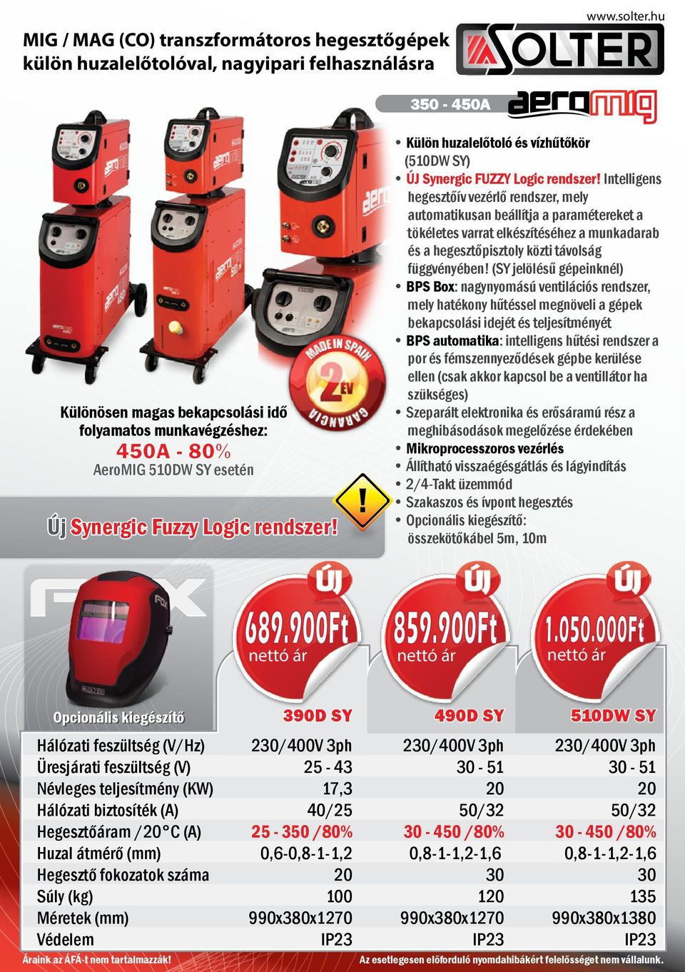 Külön huzalelőtoló és vízhűtőkör (510DW SY) ÚJ Synergic FUZZY Logic rendszer!