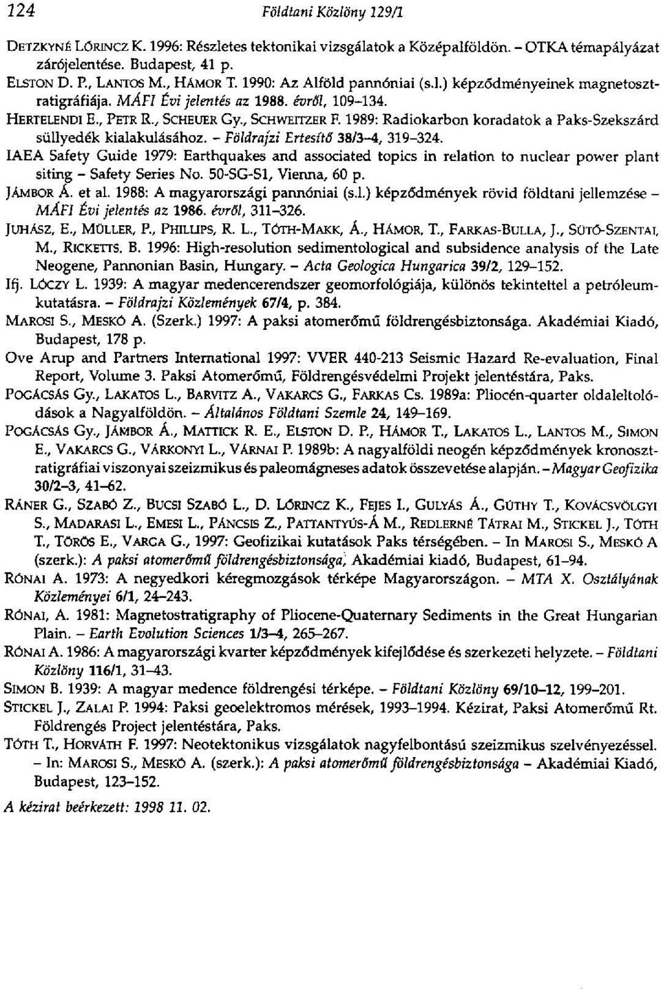 1989: Radiokarbon koradatok a Paks-Szekszárd süllyedek kialakulásához. - Földrajzi Értesítő 38/3-4, 319-324.