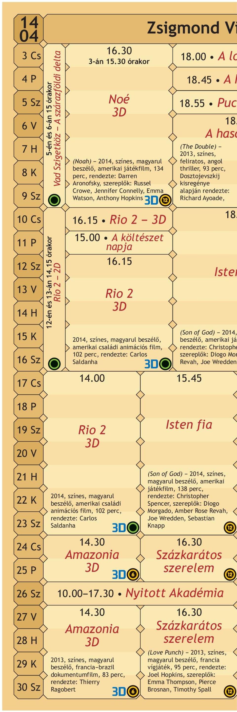 15 Rio 2 3D 15.00 A költészet napja 16.15 Rio 2 3D 2014, színes, magyarul beszélő, amerikai családi animációs film, 102 perc, rendezte: Carlos Saldanha Zsigmond Vi 14.00 15.45 18.00 Alo 18.45 A h 18.