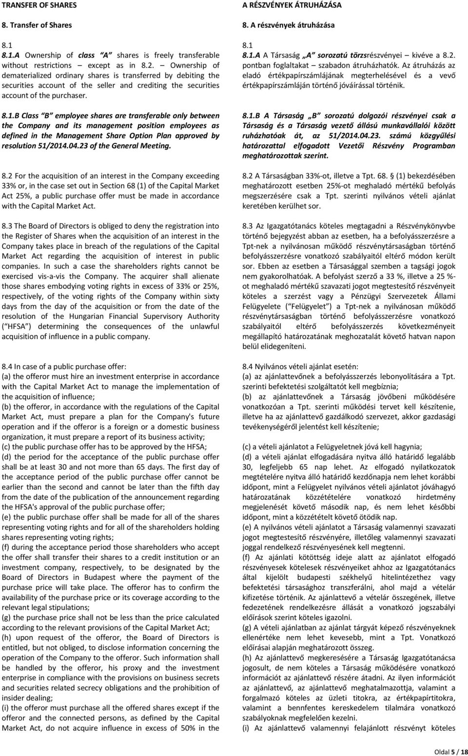 B Class B employee shares are transferable only between the Company and its management position employees as defined in the Management Share Option Plan approved by resolution 51/2014.04.