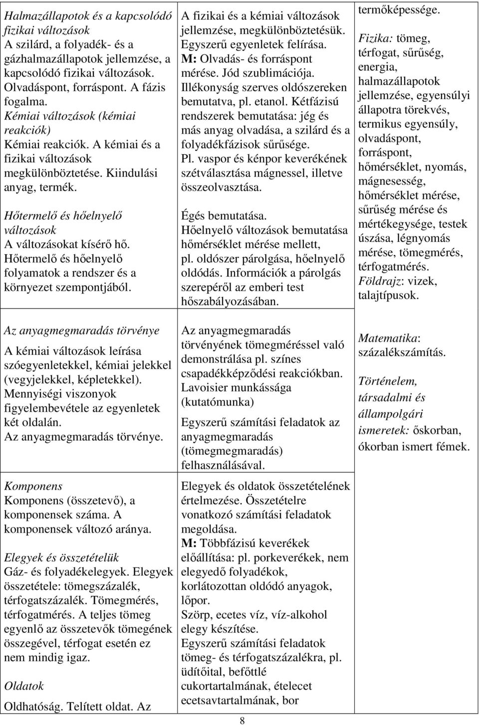 Hőtermelő és hőelnyelő folyamatok a rendszer és a környezet szempontjából. A fizikai és a kémiai változások jellemzése, megkülönböztetésük. Egyszerű egyenletek felírása.