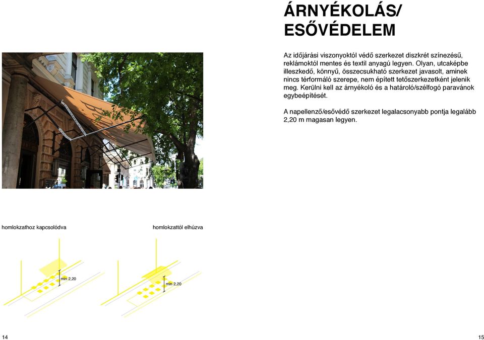Olyan, utcaképbe illeszkedő, könnyű, összecsukható szerkezet javasolt, aminek nincs térformáló szerepe, nem épített