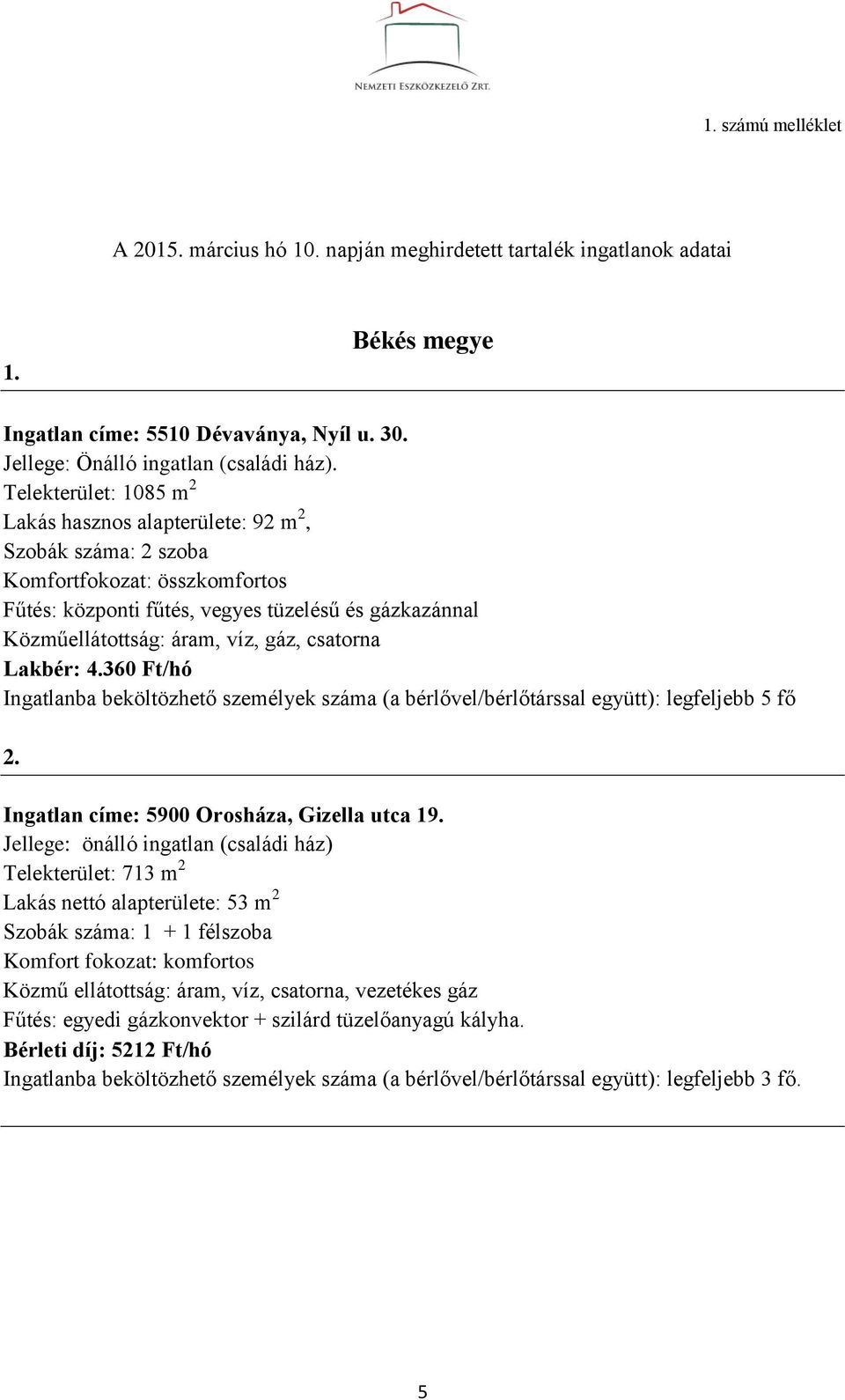 csatorna Lakbér: 4.360 Ft/hó Ingatlanba beköltözhető személyek száma (a bérlővel/bérlőtárssal együtt): legfeljebb 5 fő 2. Ingatlan címe: 5900 Orosháza, Gizella utca 19.