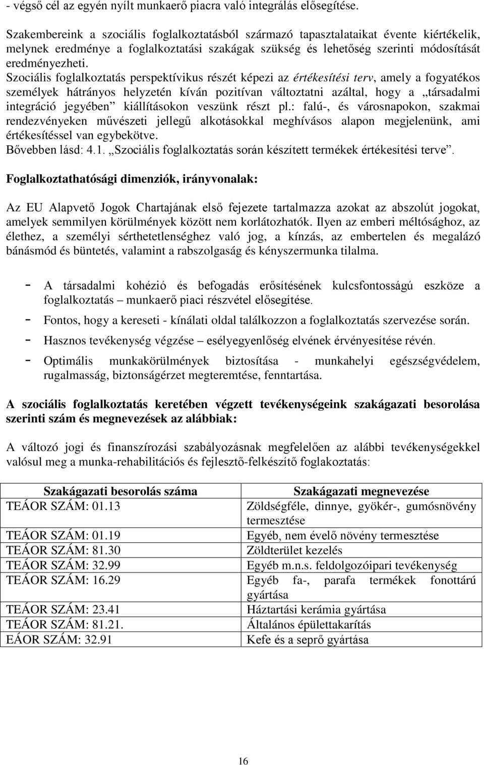 Szociális foglalkoztatás perspektívikus részét képezi az értékesítési terv, amely a fogyatékos személyek hátrányos helyzetén kíván pozitívan változtatni azáltal, hogy a társadalmi integráció jegyében