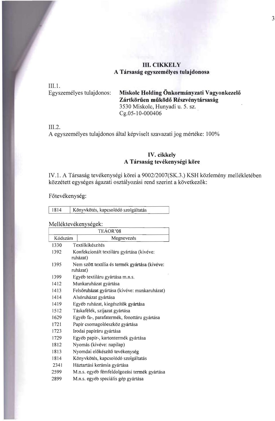 ) KSH kozlemeny rnellekleteben kozzetett egyseges agazati osztalyozasi rend szerint a kovetkezok: Fote vekenyseg: I 1814 I Konyvkotes, kapcsol6d6 szolgaltatfls Mellektevekenysegek:! EAoR'08 I.