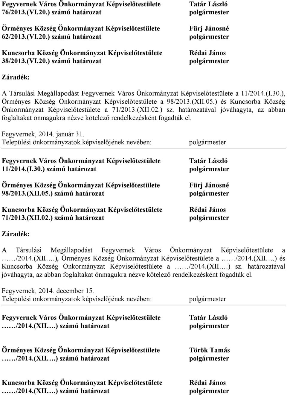 ), Örményes Község Önkormányzat Képviselőtestülete a 98/2013.(XII.05.) és Kuncsorba Község Önkormányzat Képviselőtestülete a 71/2013.(XII.02.) sz.