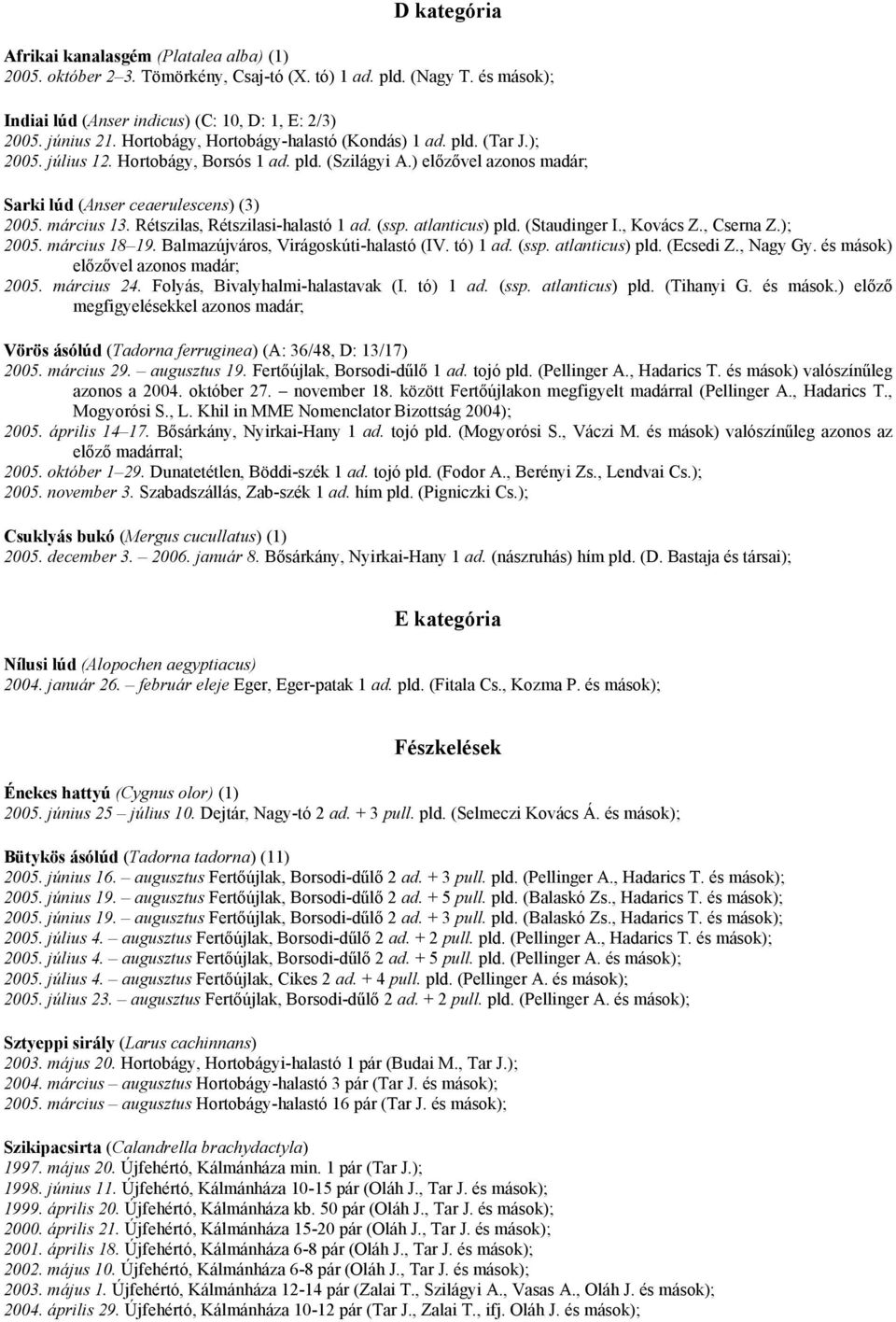 Rétszilas, Rétszilasi-halastó 1 ad. (ssp. atlanticus) pld. (Staudinger I., Kovács Z., Cserna Z.); 2005. március 18 19. Balmazújváros, Virágoskúti-halastó (IV. tó) 1 ad. (ssp. atlanticus) pld. (Ecsedi Z.