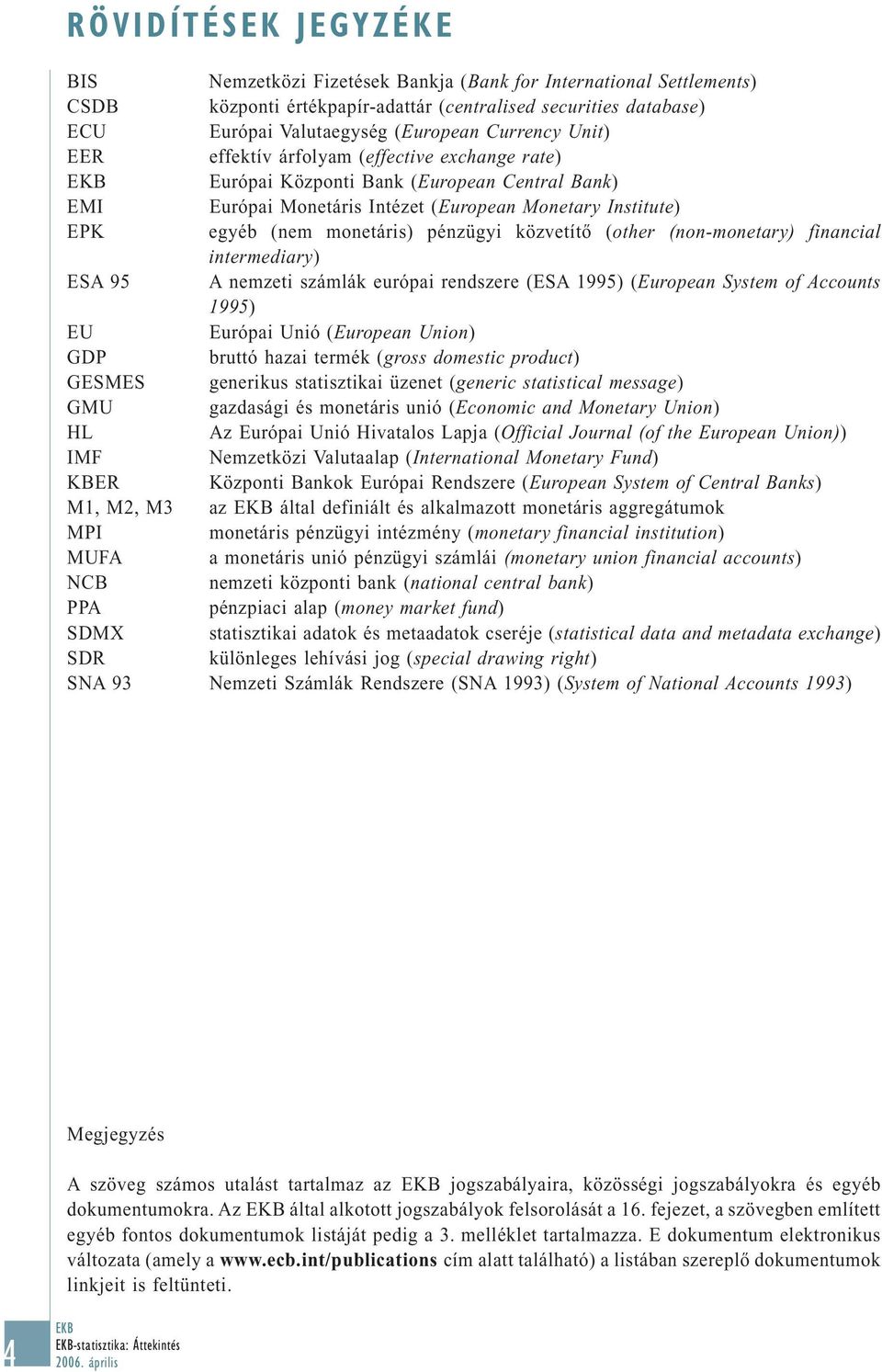 pénzügyi közvetítő (other (non-monetary) financial intermediary) ESA 95 A nemzeti számlák európai rendszere (ESA 1995) (European System of Accounts 1995) EU Európai Unió (European Union) GDP bruttó