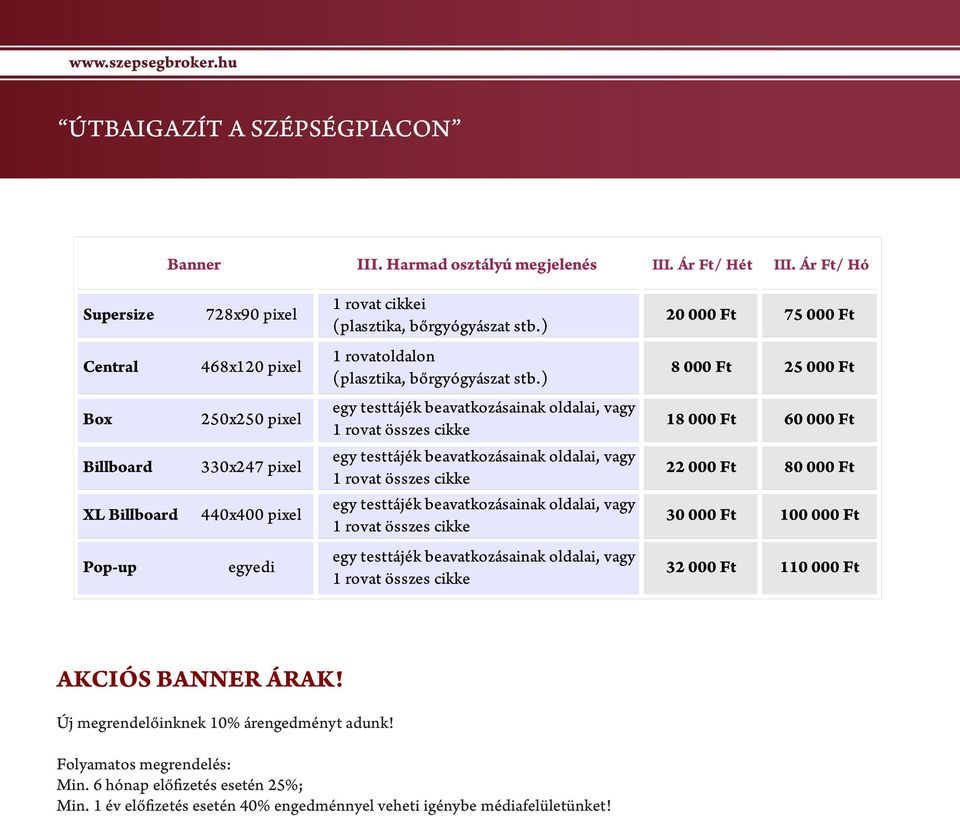 pixel 18 000 Ft 60 000 Ft Billboard 330x247 pixel 22 000 Ft 80 000 Ft XL Billboard 440x400 pixel 30 000 Ft 100 000 Ft Pop-up egyedi 32