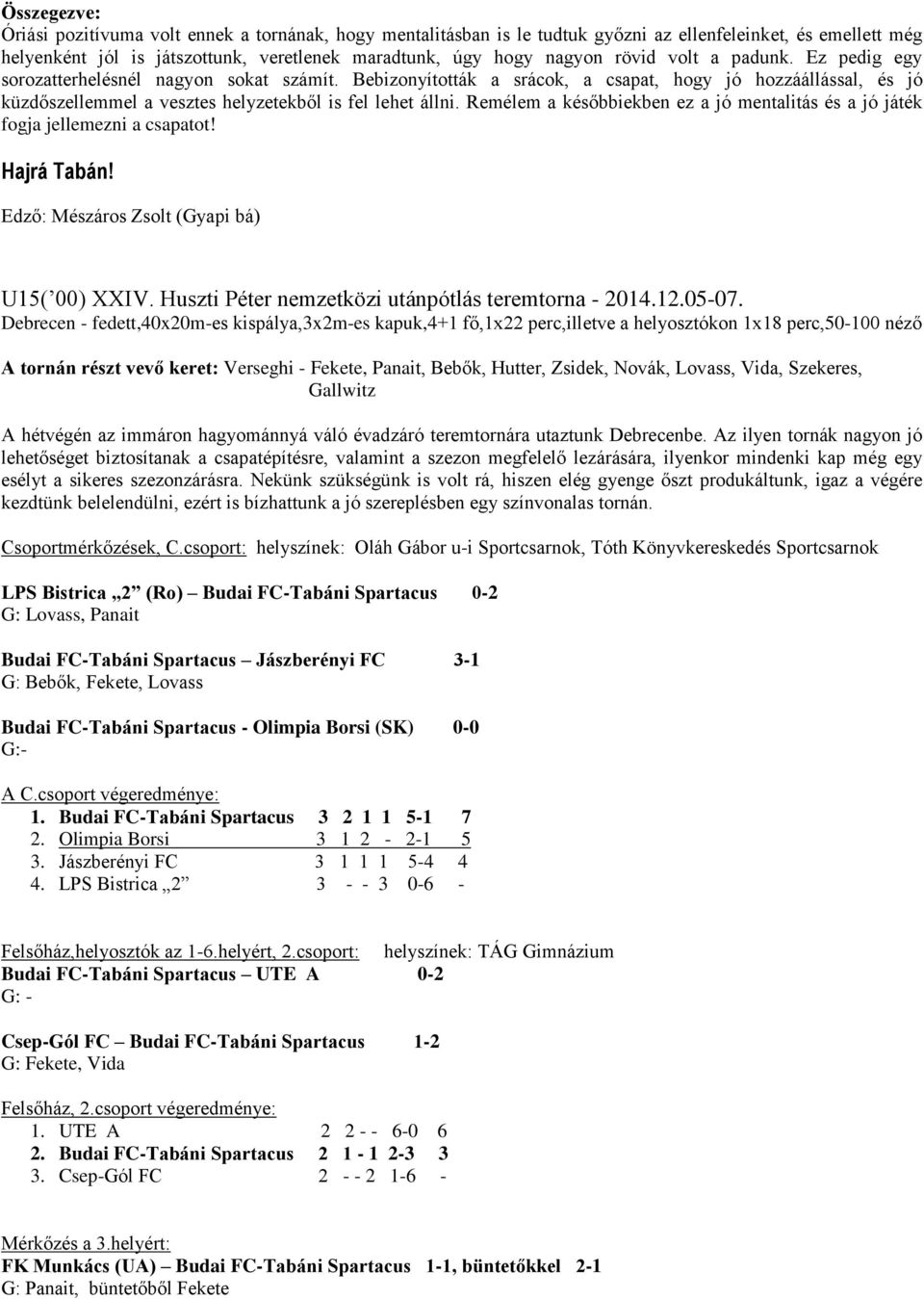 Remélem a későbbiekben ez a jó mentalitás és a jó játék fogja jellemezni a csapatot! Edző: Mészáros Zsolt (Gyapi bá) U15( 00) XXIV. Huszti Péter nemzetközi utánpótlás teremtorna - 2014.12.05-07.