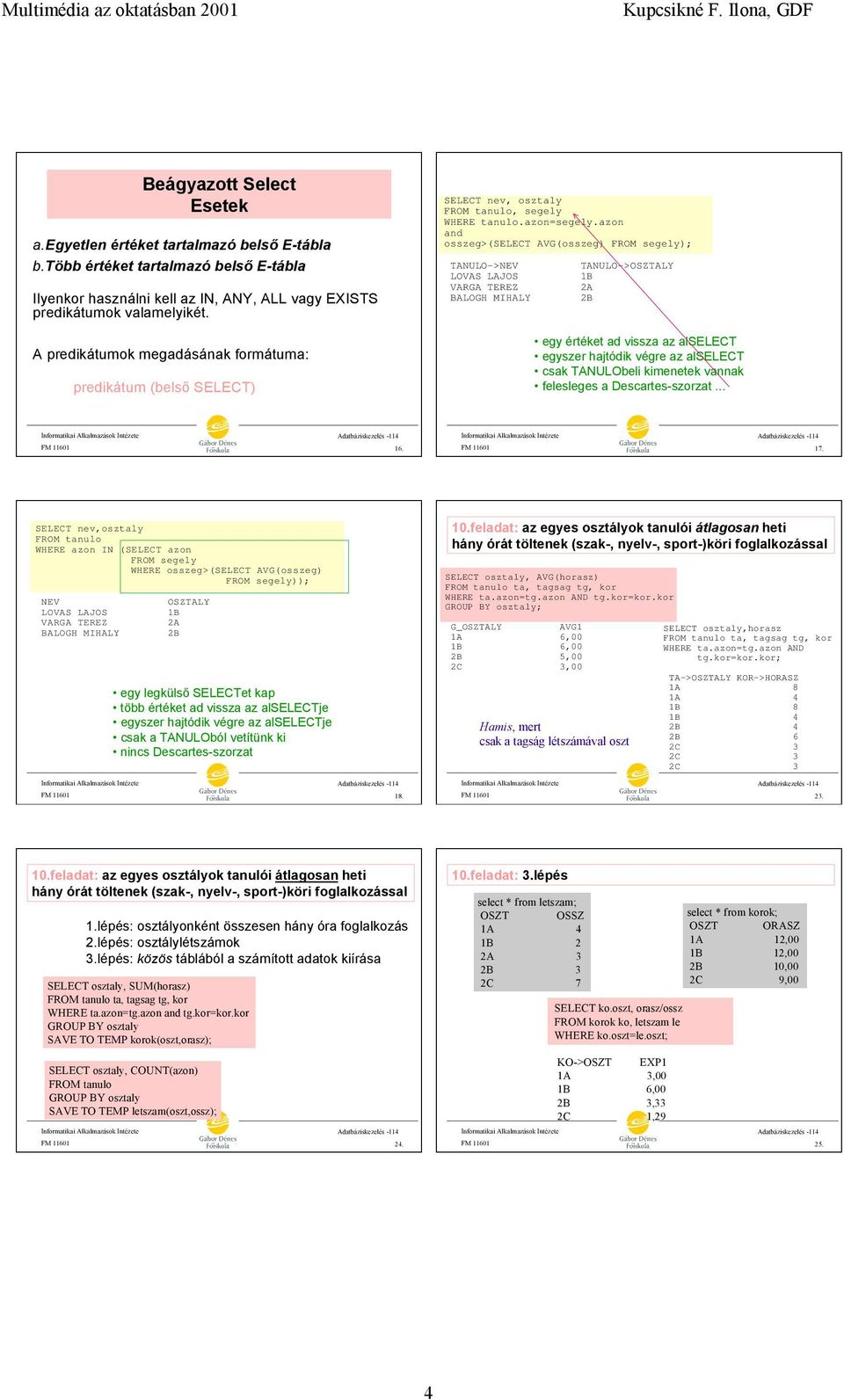 azon and osszeg>(select AVG(osszeg) FROM segely); TANULO->NEV LOVAS LAJOS VARGA TEREZ BALOGH MIHALY TANULO->OSZTALY 1B 2A 2B egy értéket ad vissza az alselect egyszer hajtódik végre az alselect csak