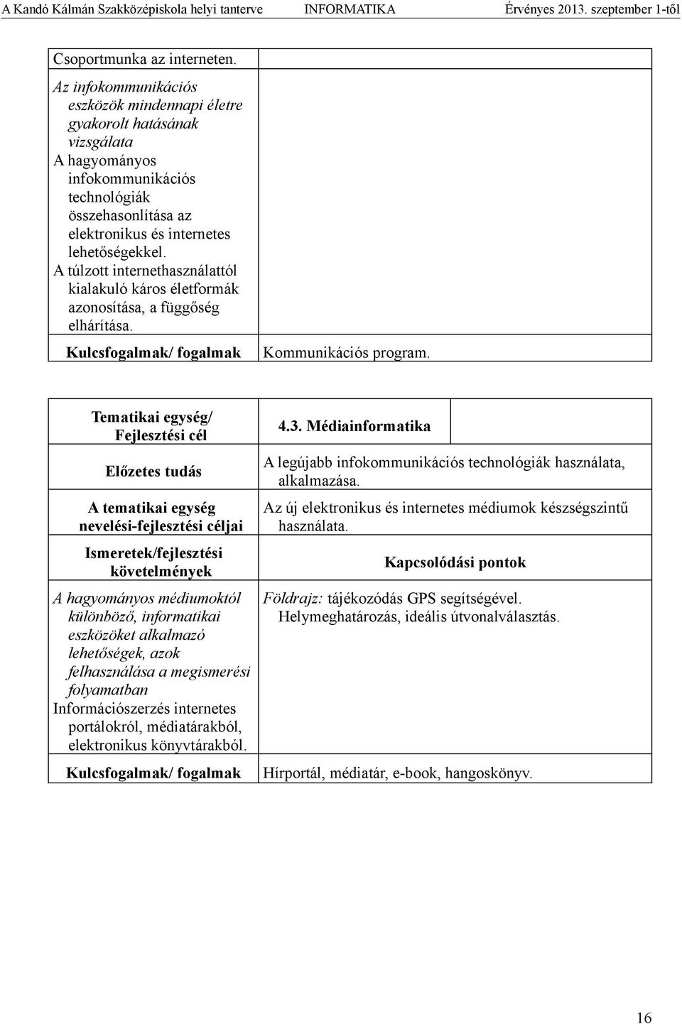 A túlzott internethasználattól kialakuló káros életformák azonosítása, a függőség elhárítása. Kulcsfogalmak/ fogalmak Kommunikációs program.